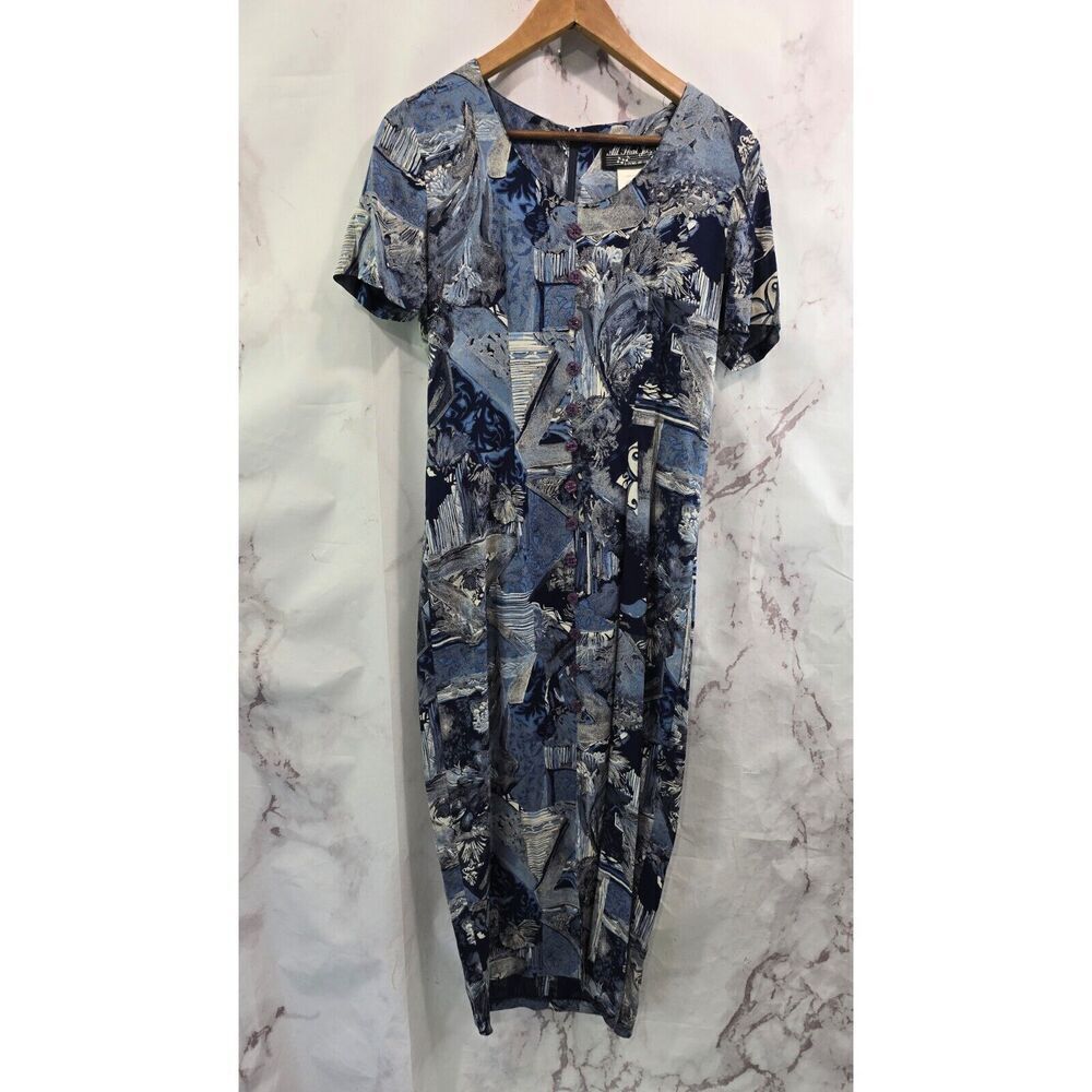 All That Jazz Dress Women Medium 90s Blue Long Midi Sarong Patchwork Printed Art